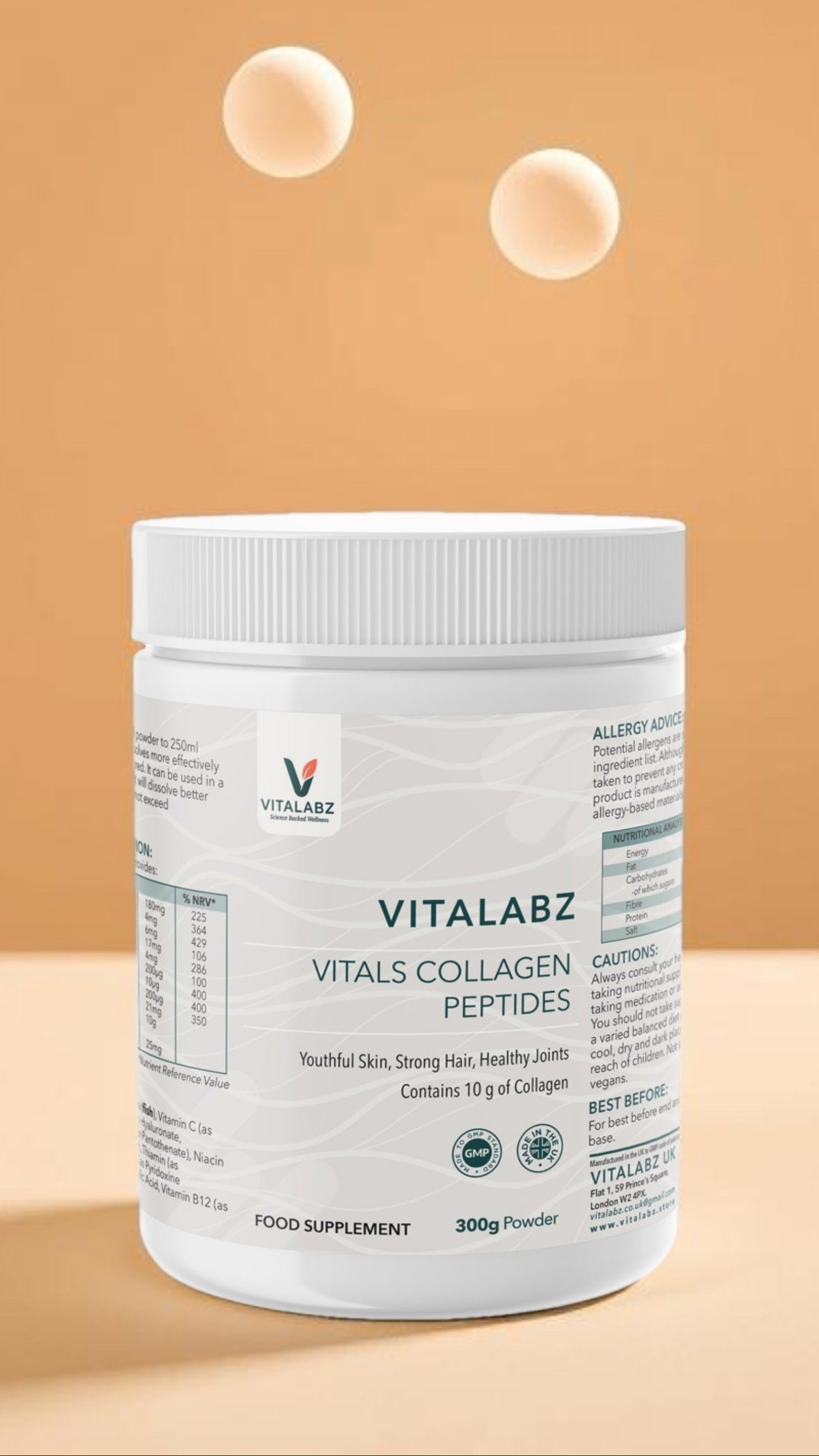 Vitalabz Collagen supplement container on a beige background