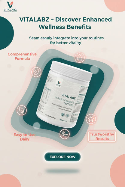 Vitalabz supplement container with promotional text on a light pink background