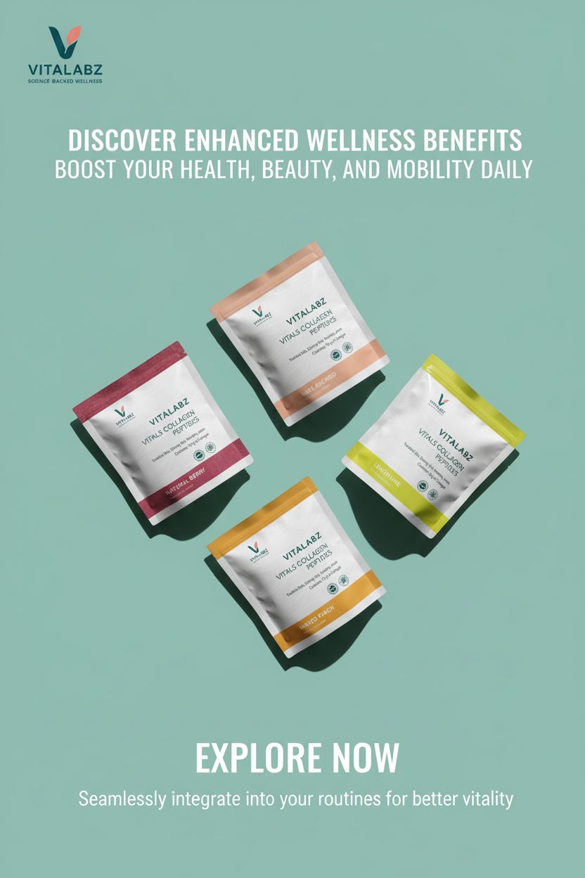 Vitalabz product packages on a light green background with promotional text.