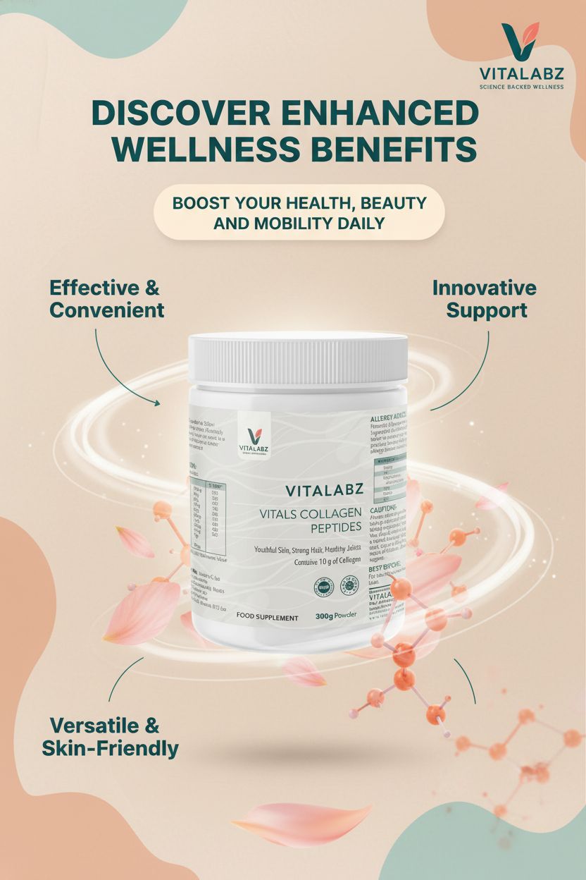 Vitalabz collagen peptides supplement container with promotional text on a beige background
