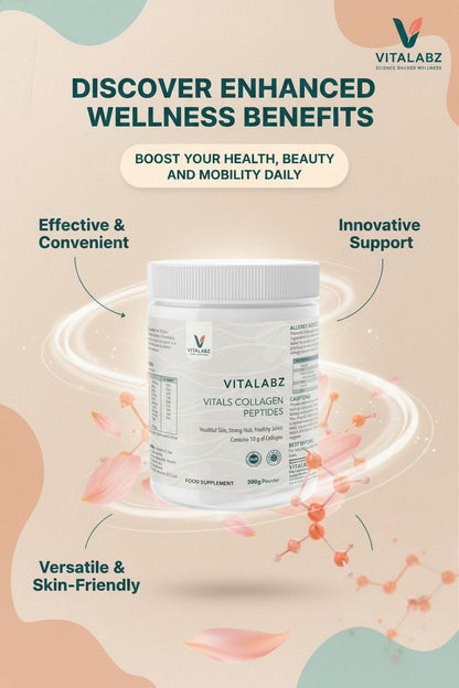 Vitalabz collagen peptides supplement container with promotional text on a beige background